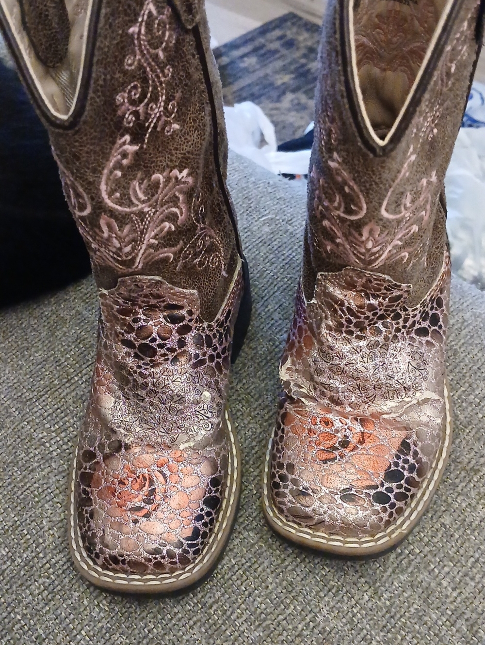 Little Girl's Brown Metallic Floral Western Boots